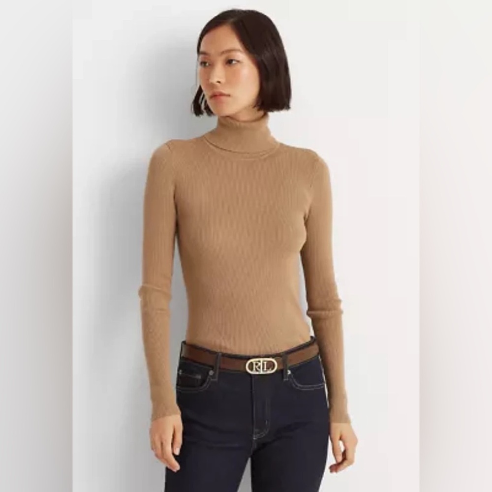 Elie Tahari | The Nina Whipstitched Ribbed Turtleneck Sweater in Tan L Large